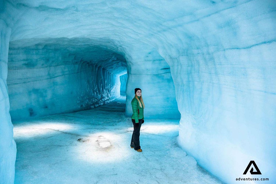 woman inside an ice cave in langjokull