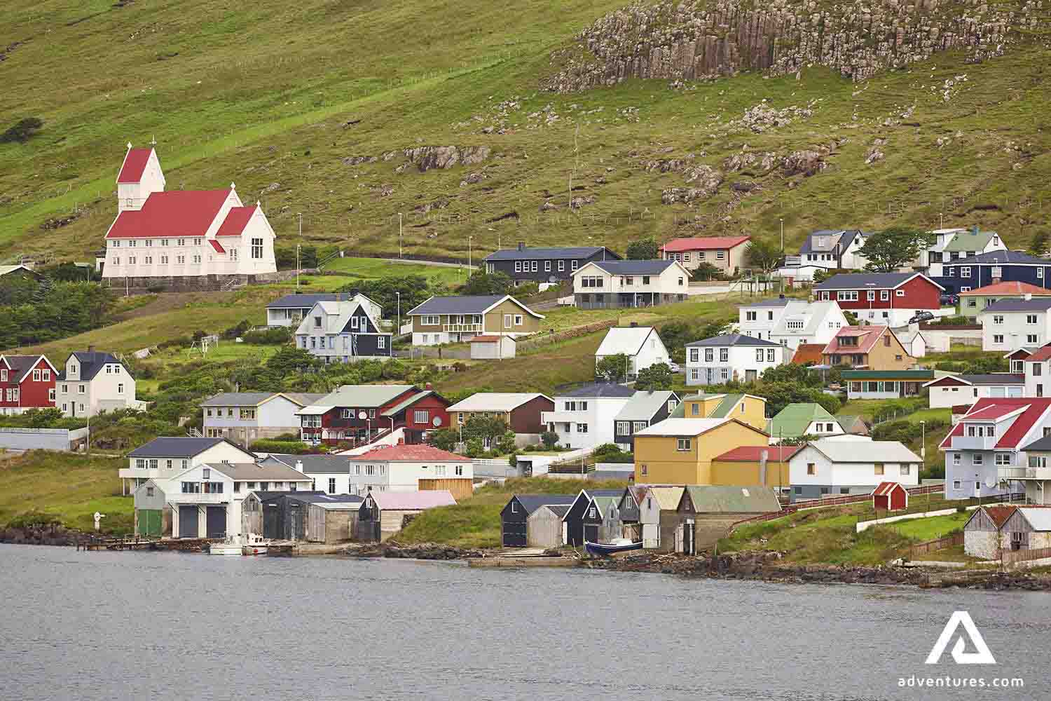 colorful houses and church in famjin suduroy