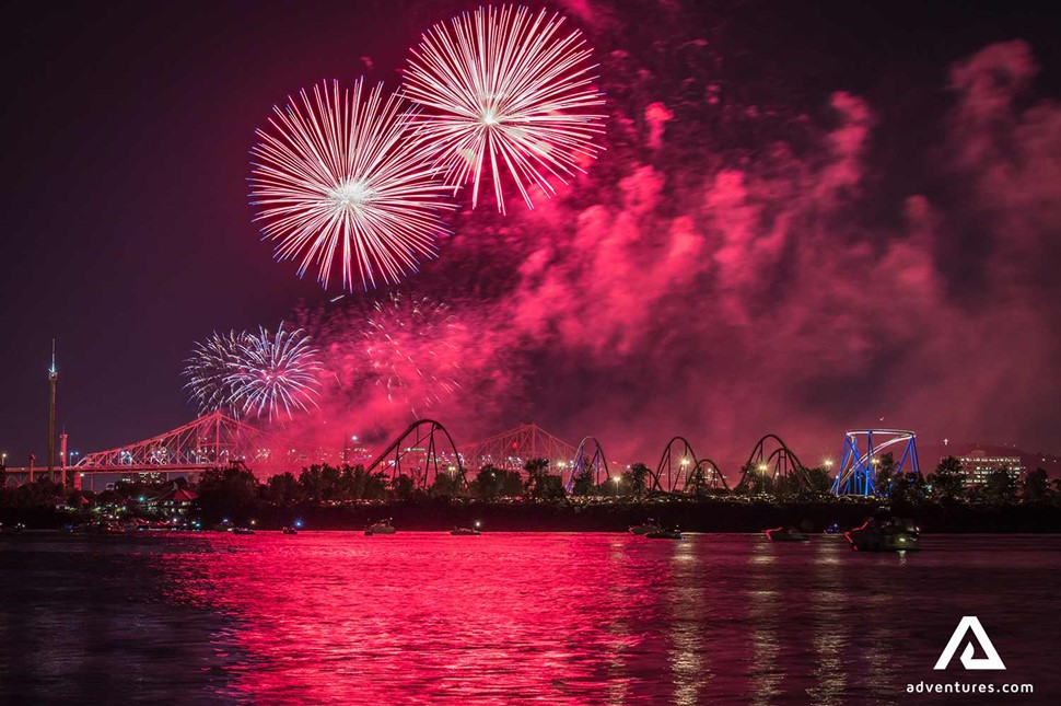 fireworks above montreal city in canada