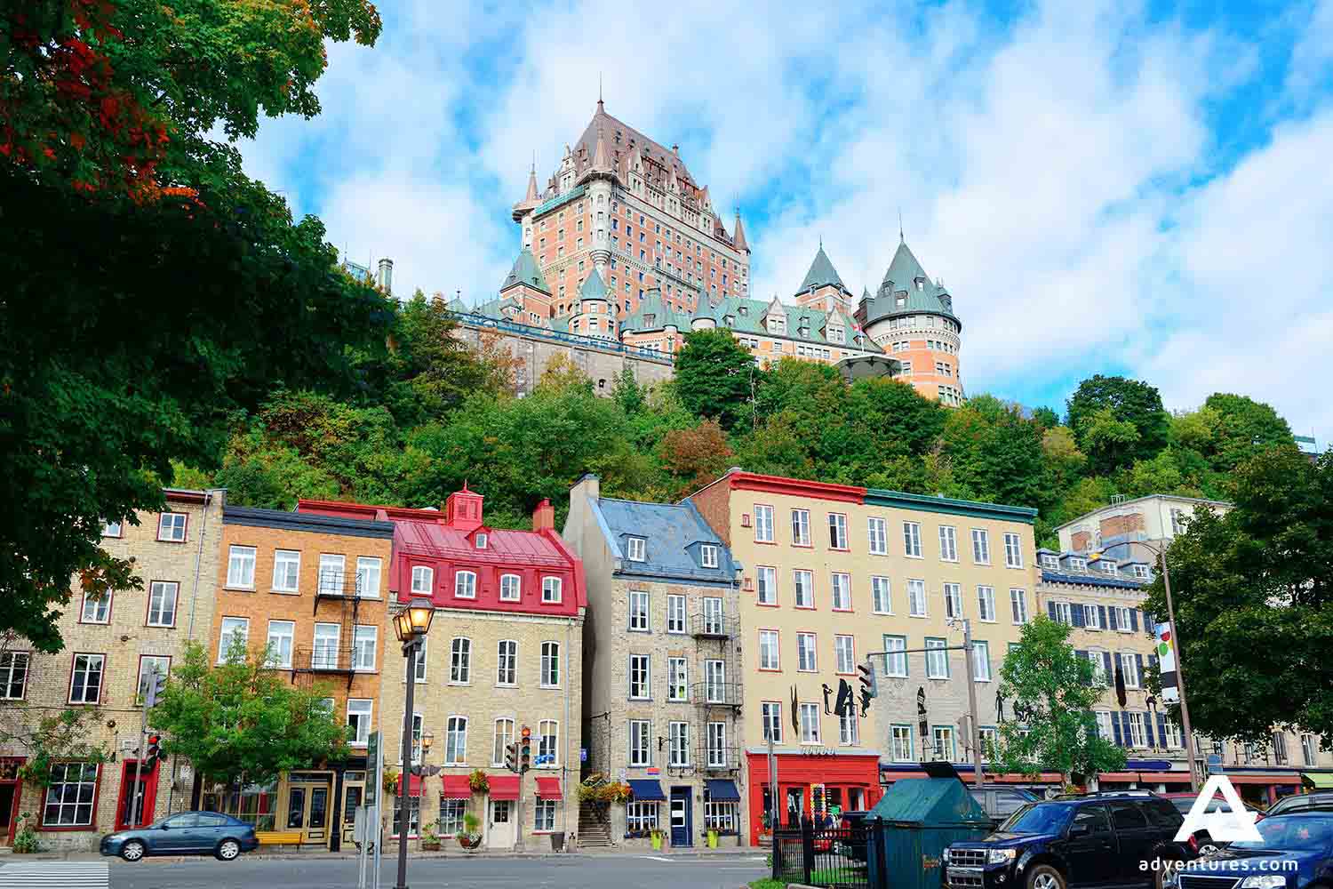 old colorful buildings and frontenac castle in quebec city