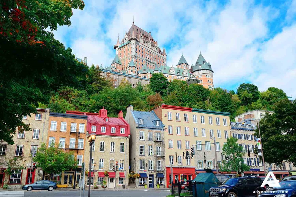 old colorful buildings and frontenac castle in quebec city