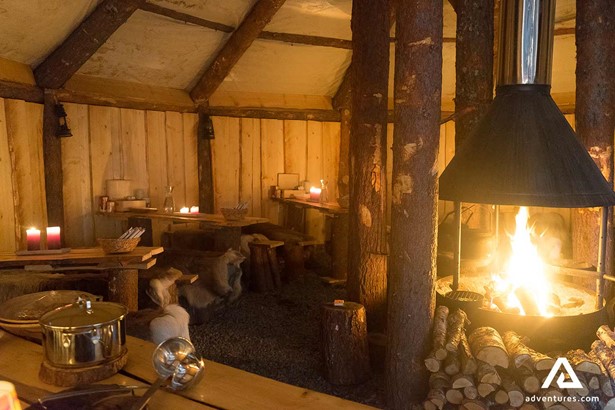 fireplace in a wooden cabin in norway