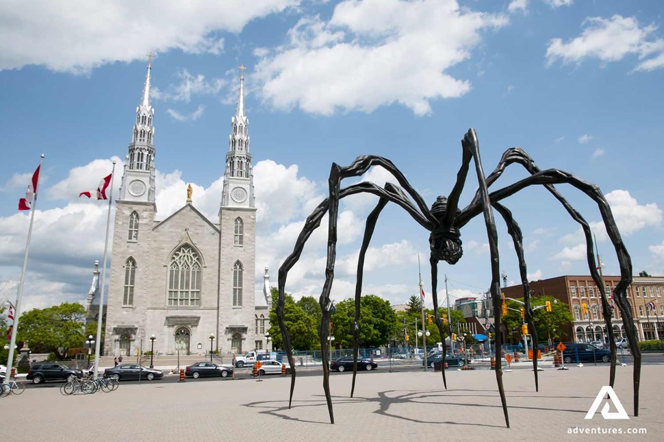 spider statue near historical building in ottawa