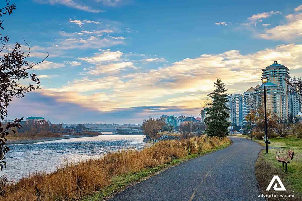 calgary city bow river walking path in autumn in the evening