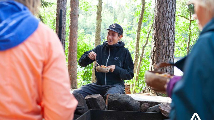 guide telling stories and eating food