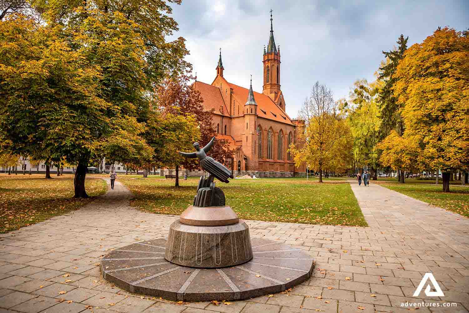 a small park area near a church in druskininkai in lithuania