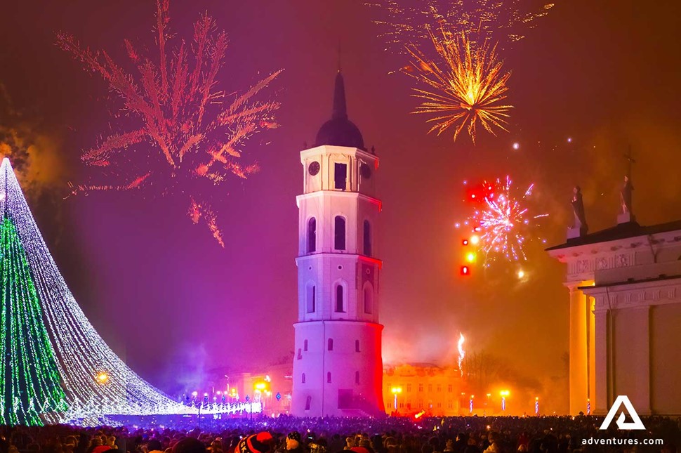 fireworks above main square in vilnius lithuania on new years eve