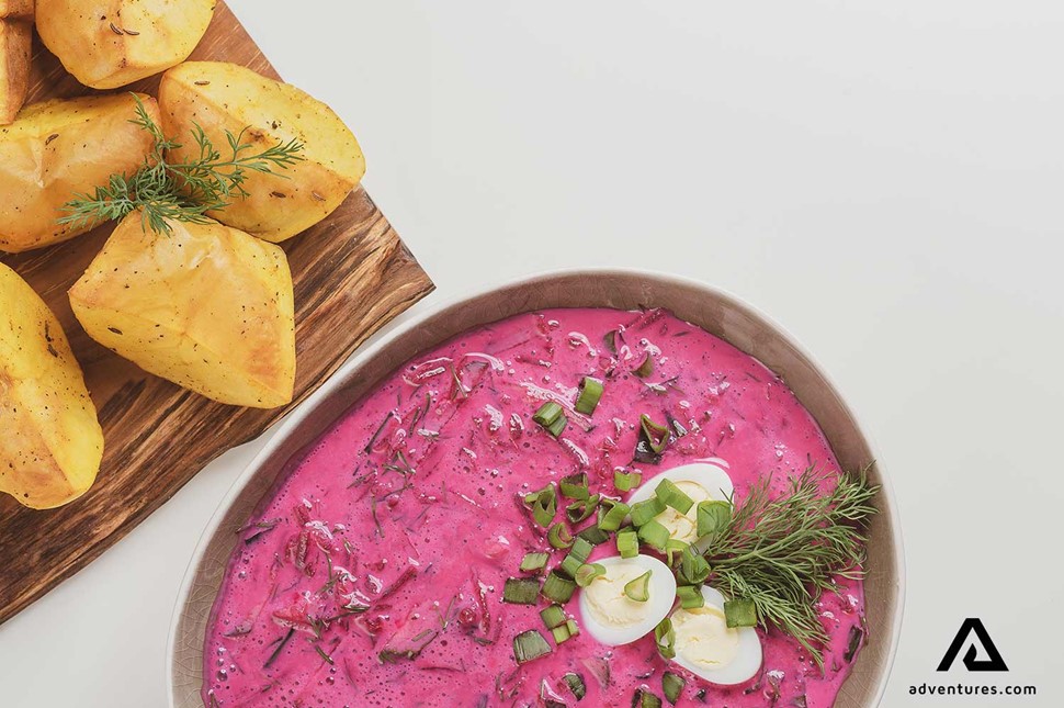 pink cold beetroot soup called saltibarsciai in lithuania