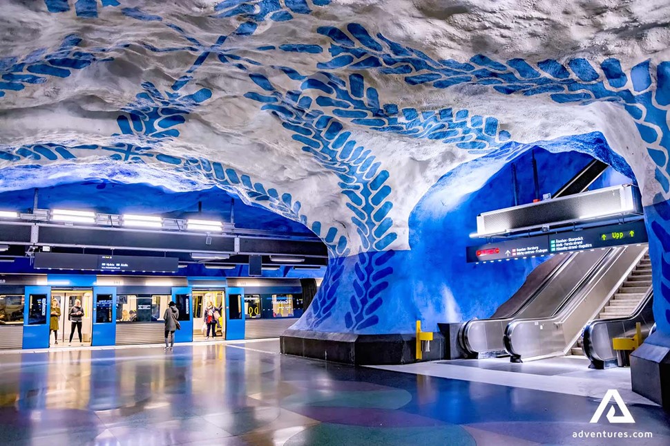 blue underground train station art in stockholm