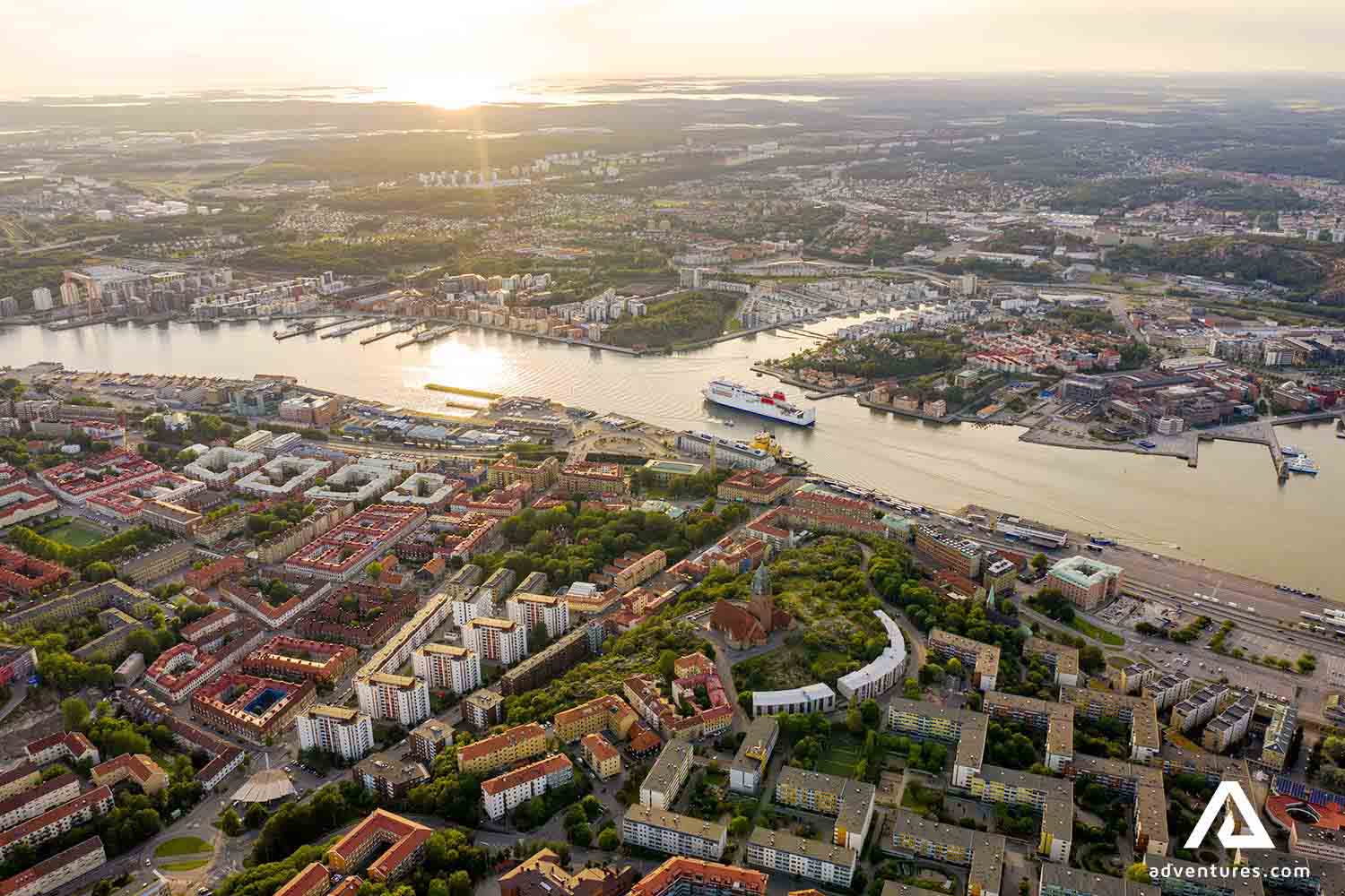 aerial view of gothernburg city in sweden at sunset