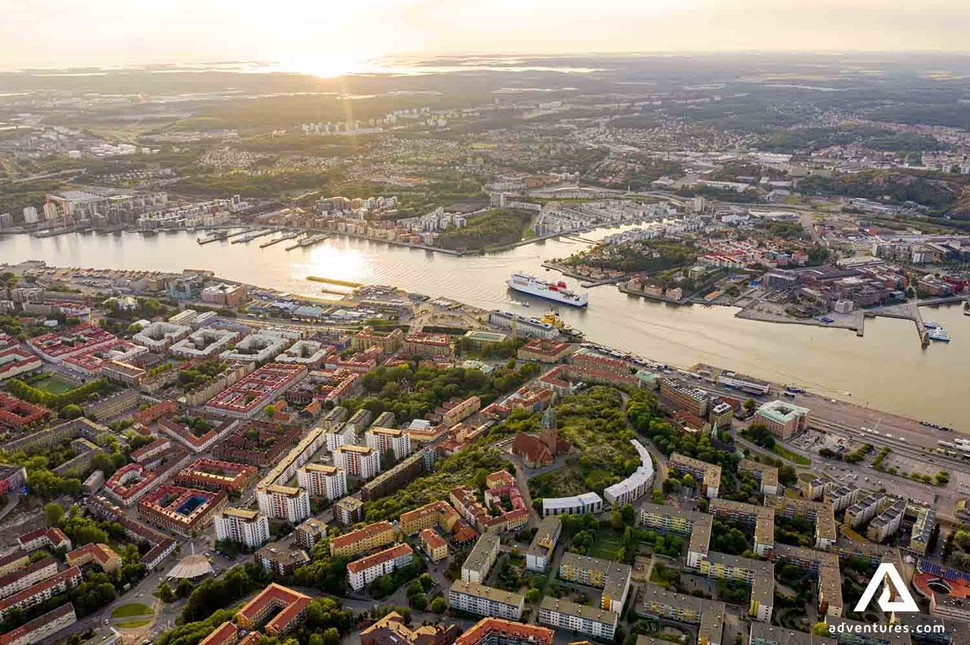 aerial view of gothernburg city in sweden at sunset