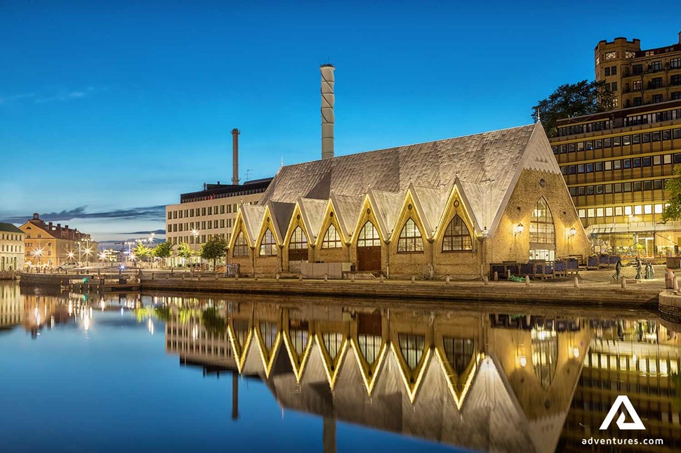 riverside view of fish market buildings in gothenburg