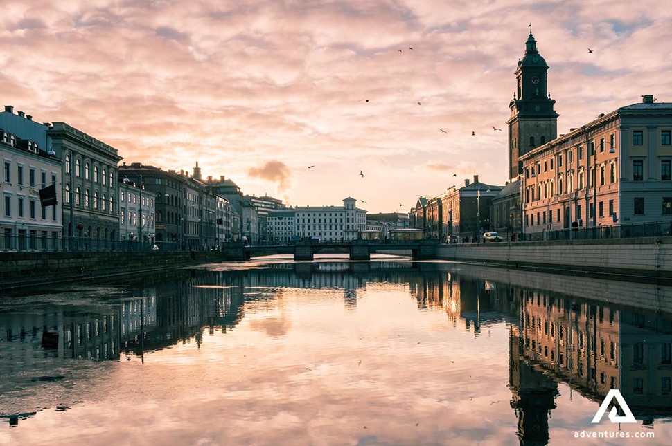 sunset water reflections at gothenburg city in sweden