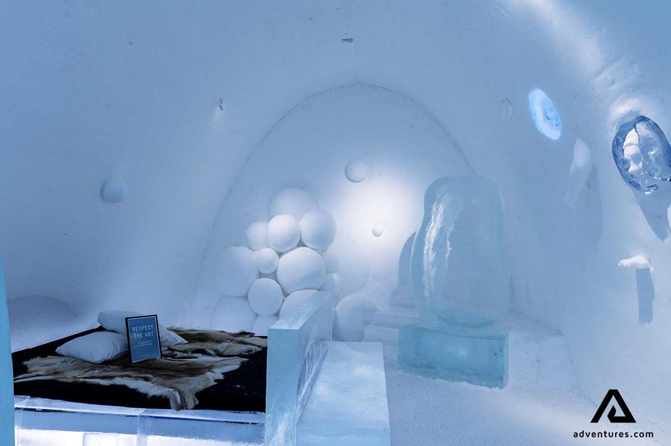 bedroom view in ice hotel near kiruna in sweden