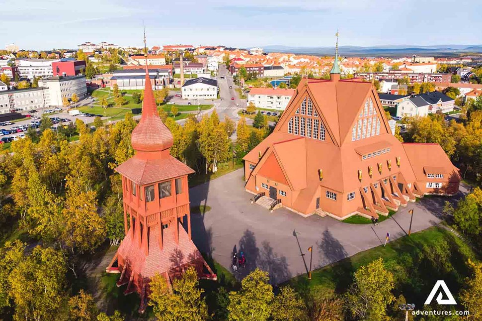 aerial view of kiruna town church in sweden