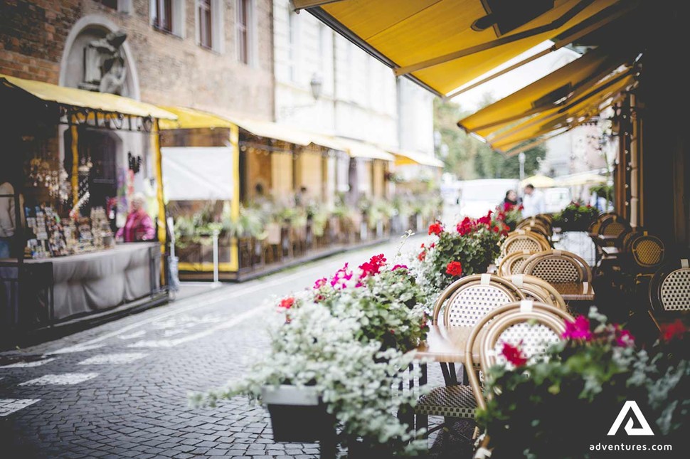 restaurant tables and flowers on vilnius streets in lithuania