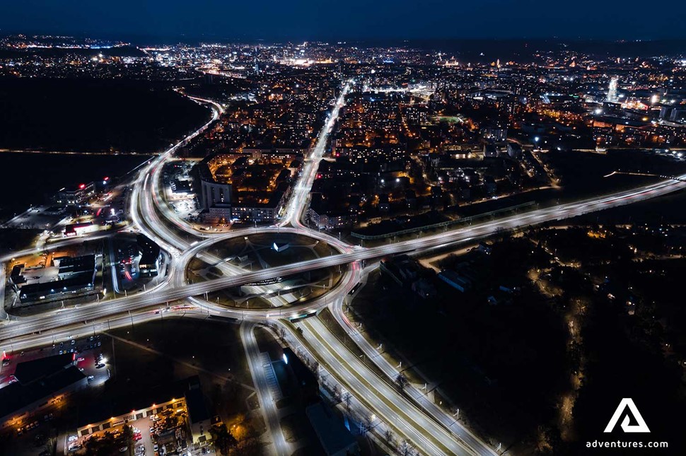 aerial drone view of vilnius roads at night in lithuania