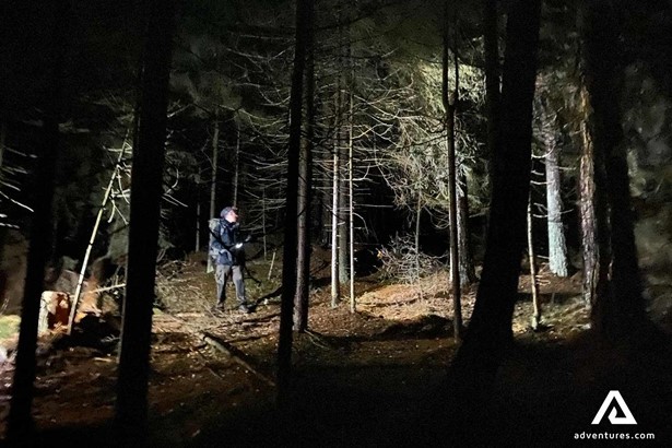 hiking in a forest at night in finland