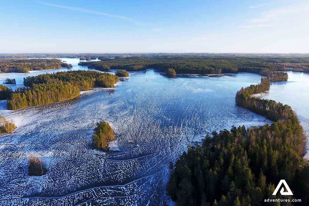 aerial drone view of a frozen lake