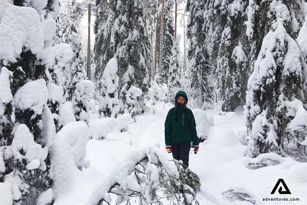 female hiker in a snowy forest