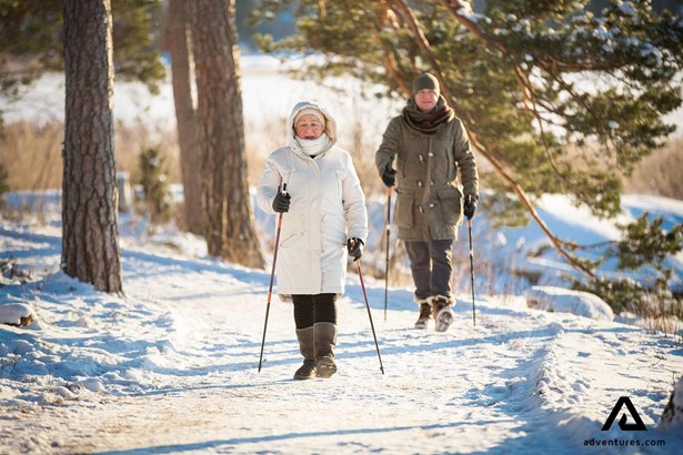 senior woman hiking in a winter forest with hiking poles