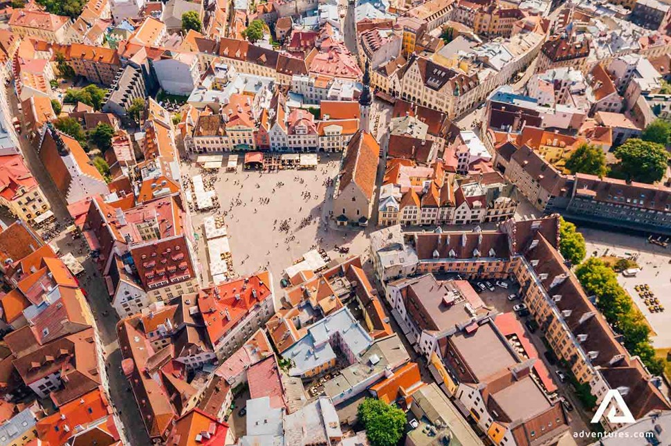 aerial view from above Tallinn old town buildings in estonia