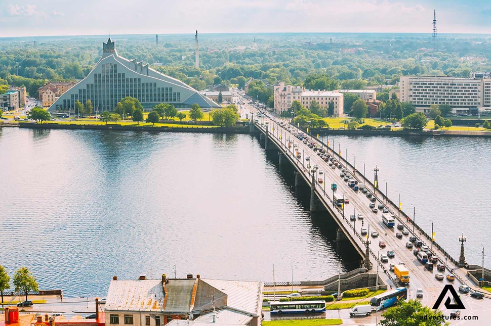 busy street bridge between parts of Riga in Latvia
