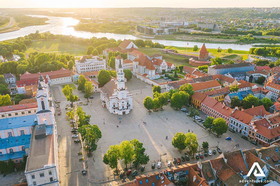 aerial view of sunrise at kaunas main square in lithuania