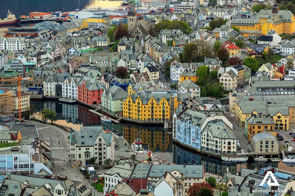 aerial view of houses in alesund city in norway