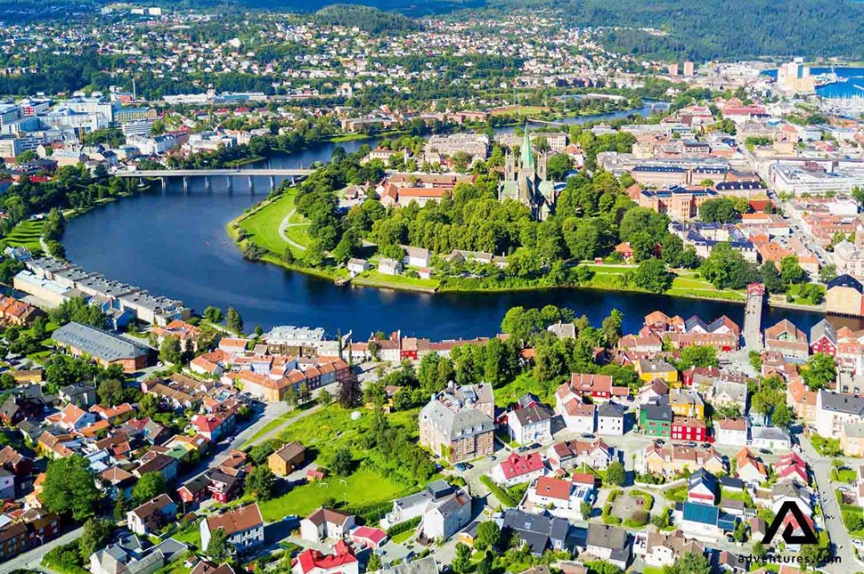 aerial drone view of trondheim city in norway