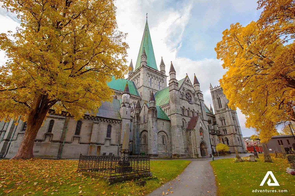 nidaros cathedral outside view in autumn in trondheim city