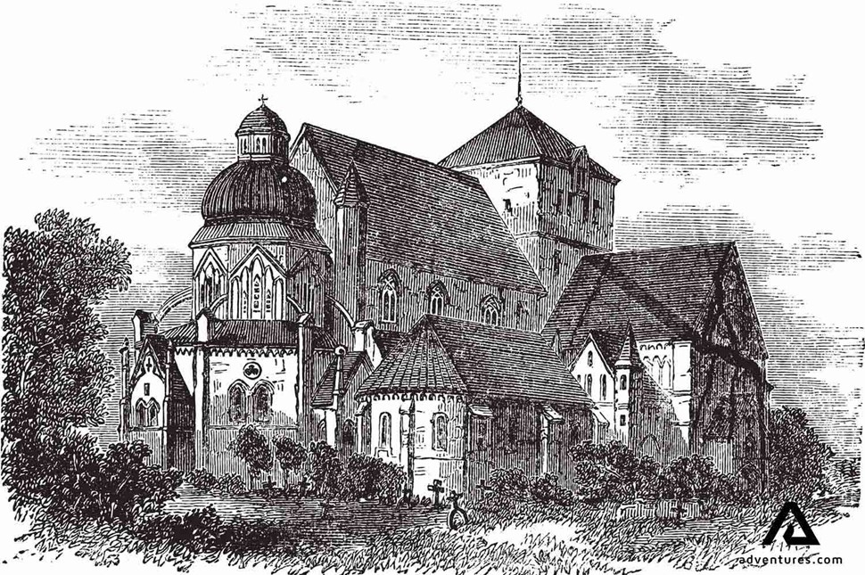 old engraved illustration of nidaros cathedral in norway