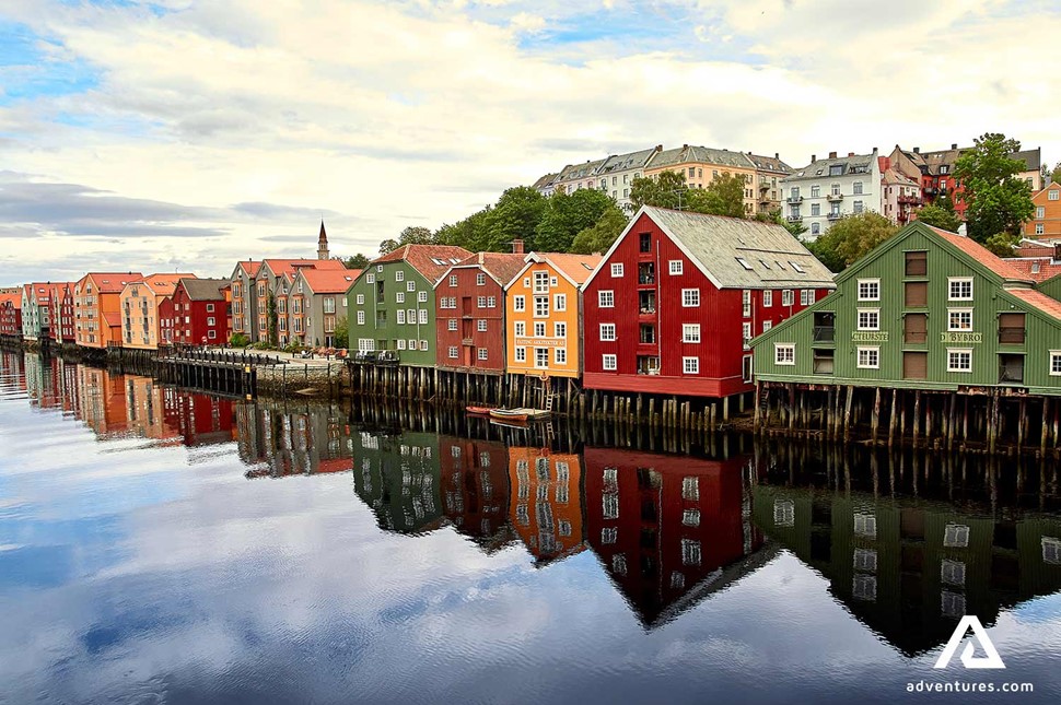 colourful riverside houses in trondheim city in norway