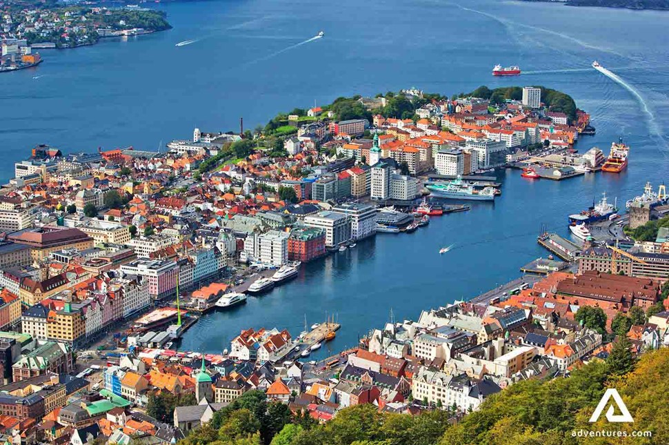 aerial plane view above bergen city in norway