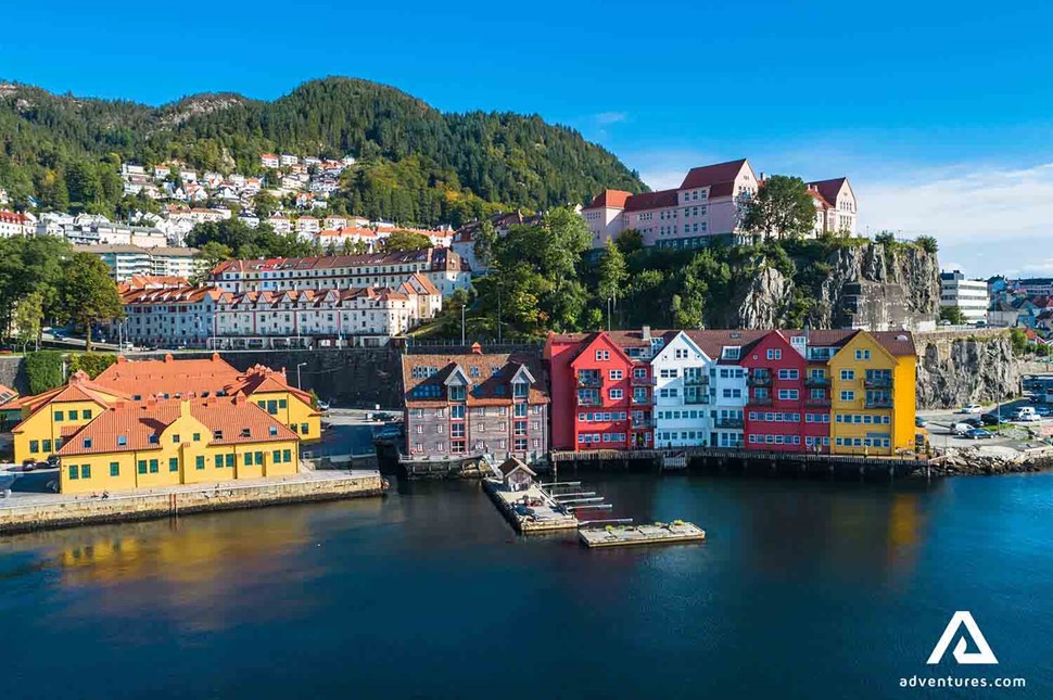 aerial view of cliffside buildings in a fjord at bergen city 