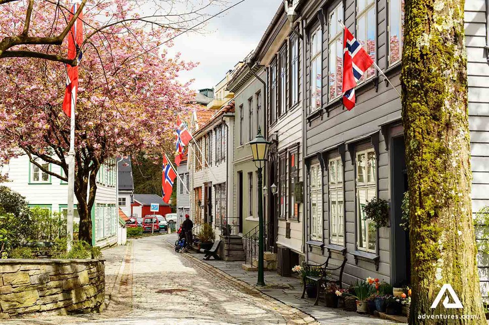 bergen city street view in spring in norway