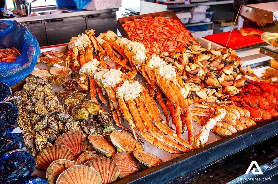 variety of seafood at a norwegian market in bergen