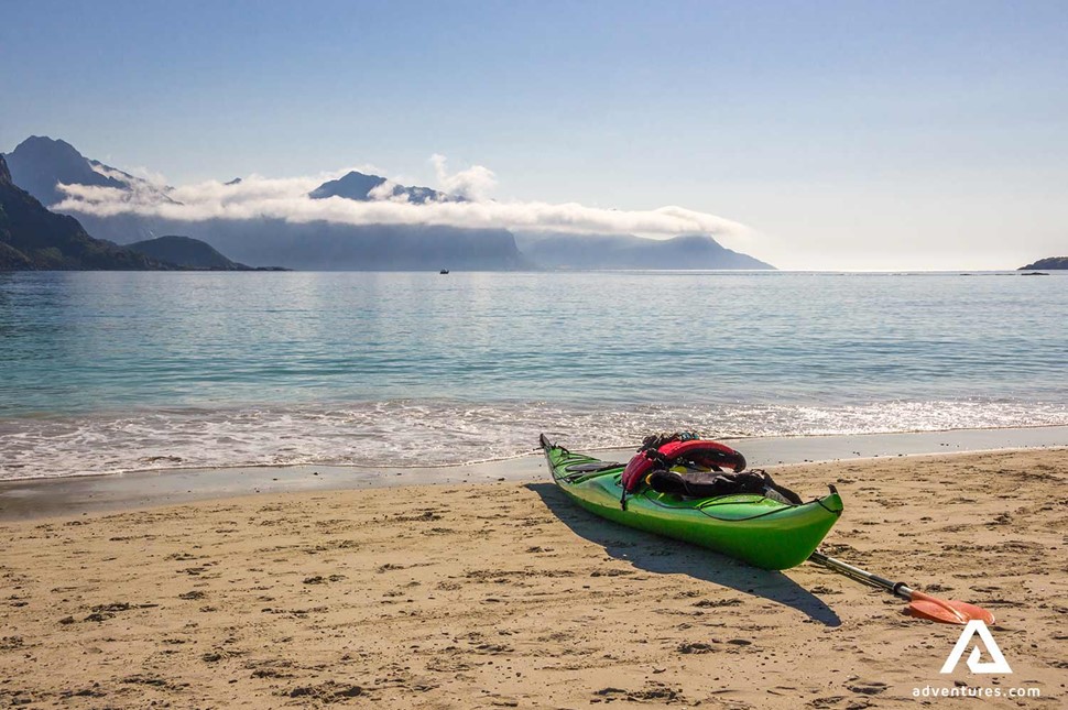 kayak at haukland beach in norway