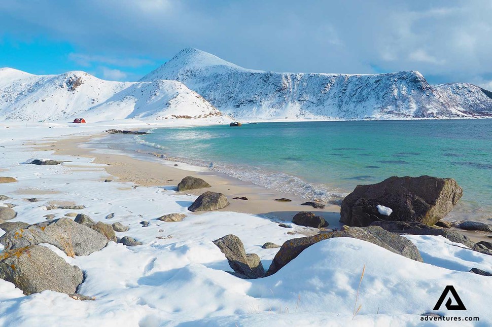 snowy winter view of haukland beach near lofoten in norway