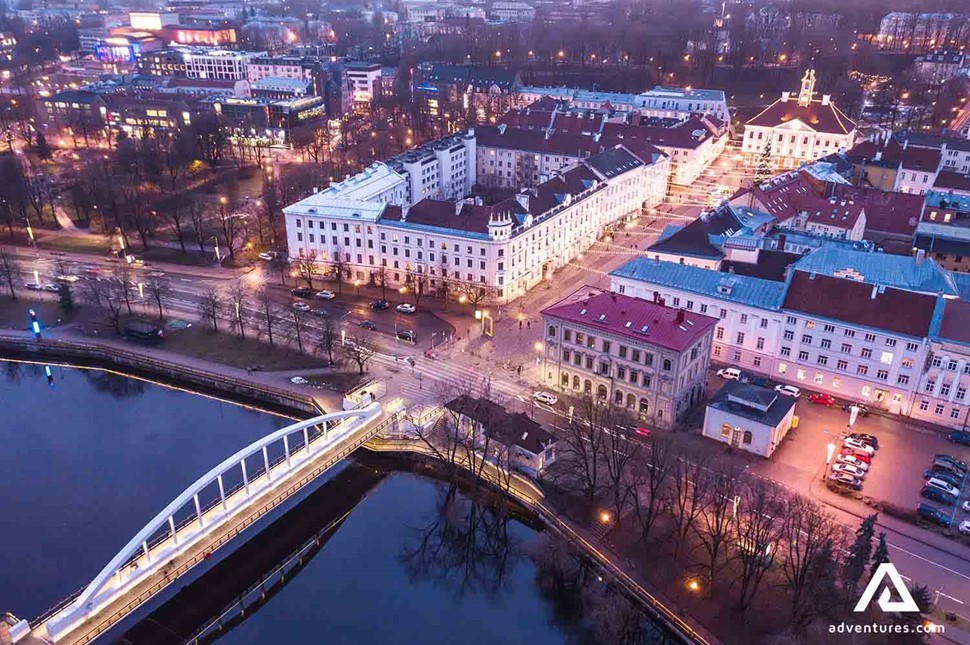 aerial view of tartu city buildings at night in estonia