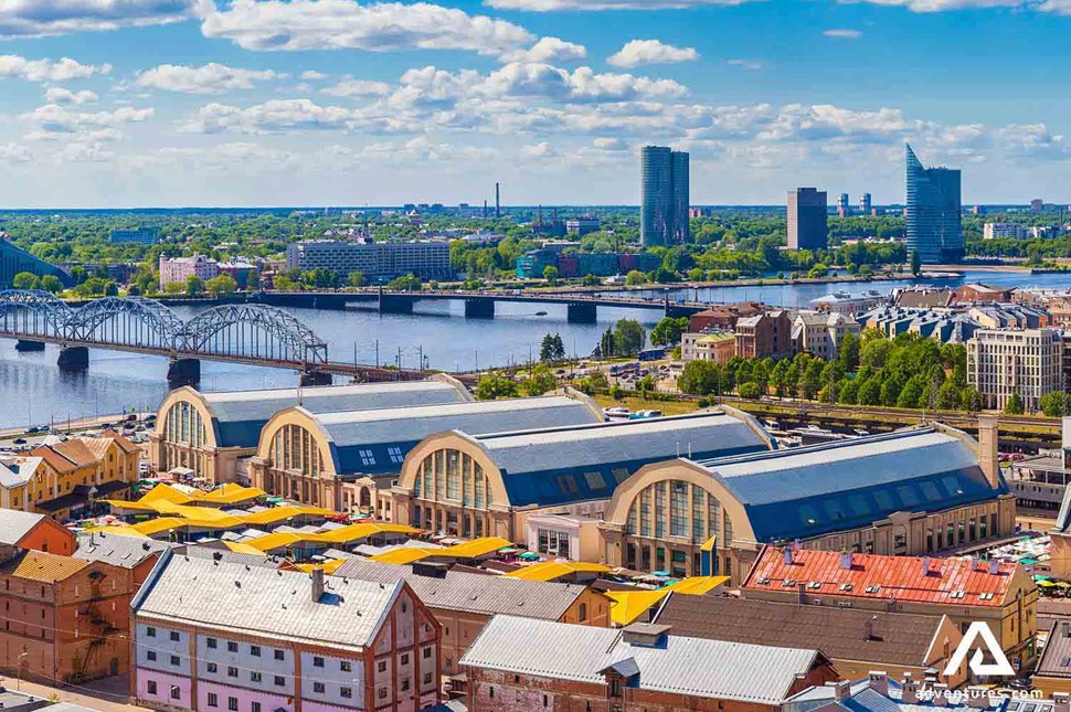 aerial view of riga central market buildings