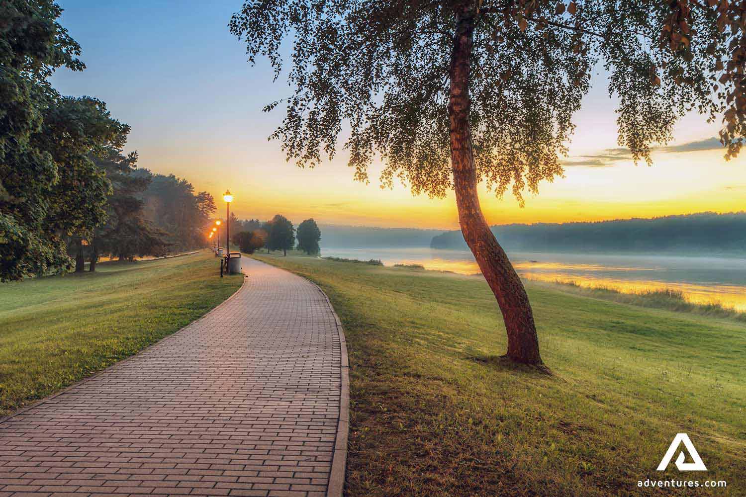 Birstonas city riverside sunrise view in summer