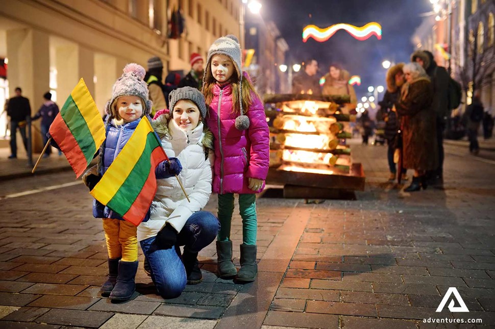 mother and children celebrating independance day in lithuania