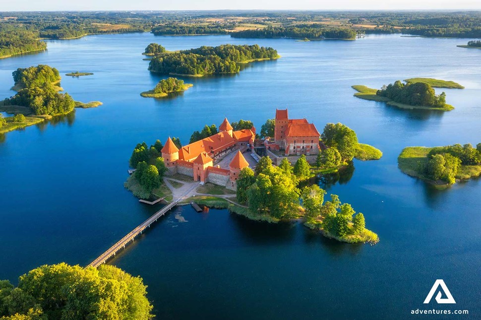 aerial drone view of trakai castle in lithuania