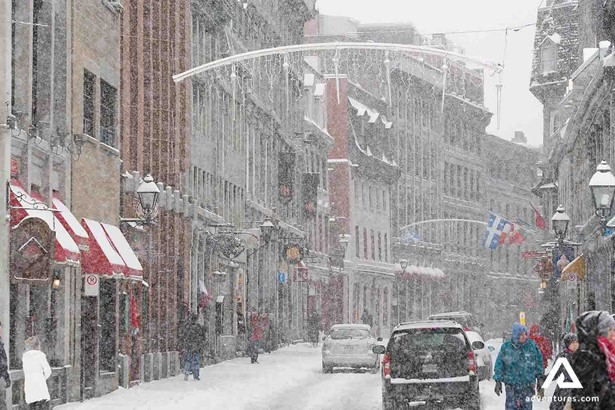 snow storm in old montreal city