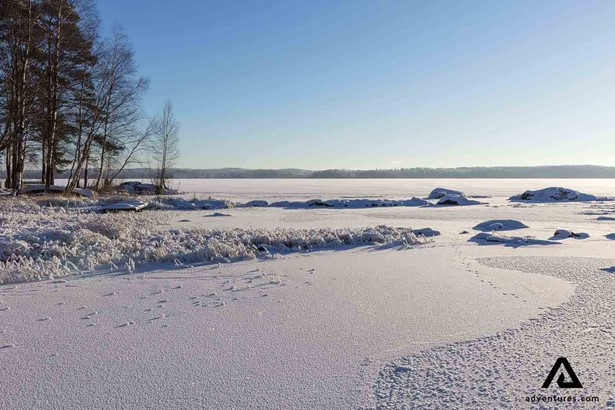 frozen lake of pyhajarvi in lapland