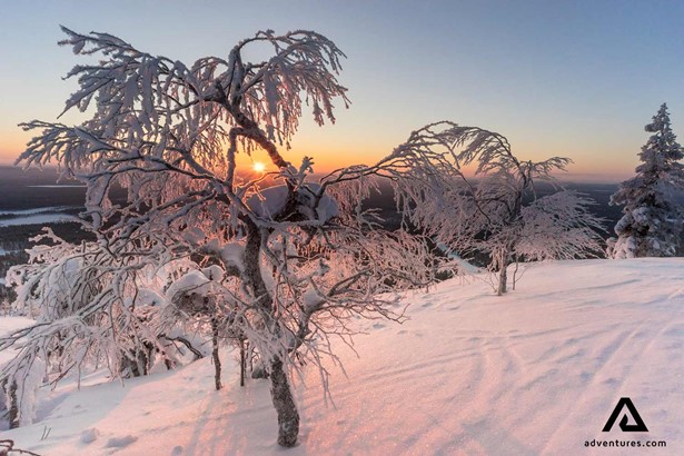 sunset winter view in finland from a mountain top