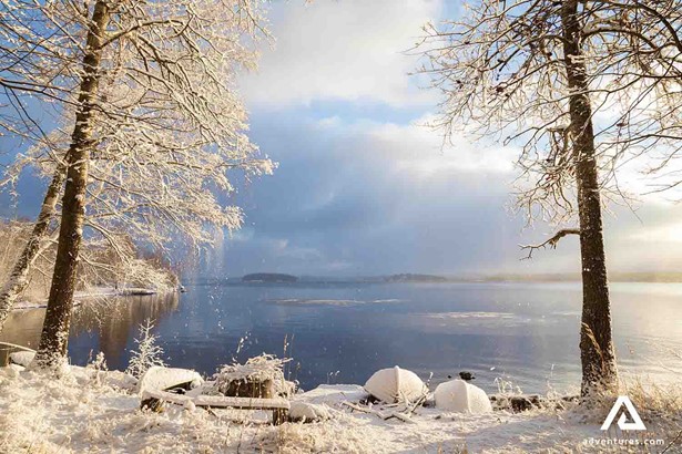 snowy view of lake pyhajarvi in finland