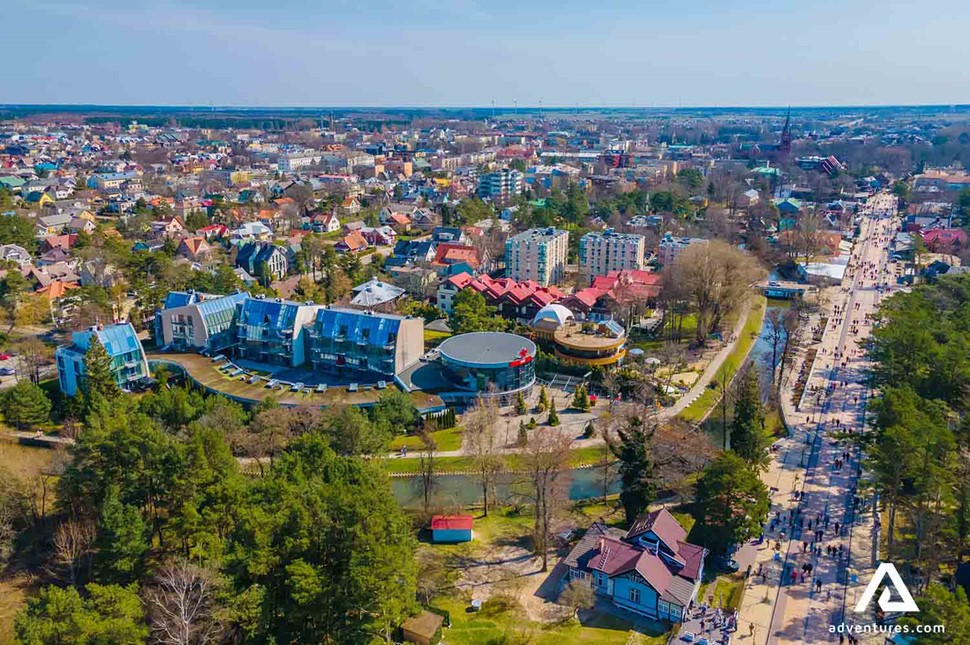 aerial drone of the palanga city center in lithuania