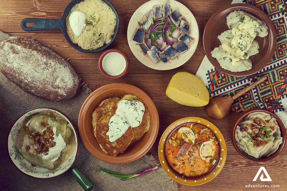 variety of national lithuanian dishes on a table